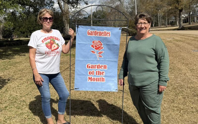 Darnell Kimber, Gardenettes chairman, presents Garden of the Month honors to Beth Morris, River Oaks Subdivision, for her outstanding landscaping. (Courtesy photo)