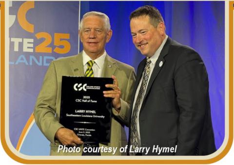Above, CSC president Kevin Trainor, right, presents Hall of Fame plaque to Larry Hymel, left.