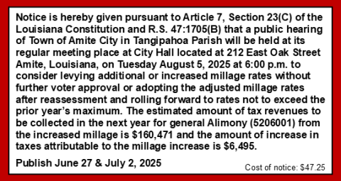 Town of Amite Millage Notice