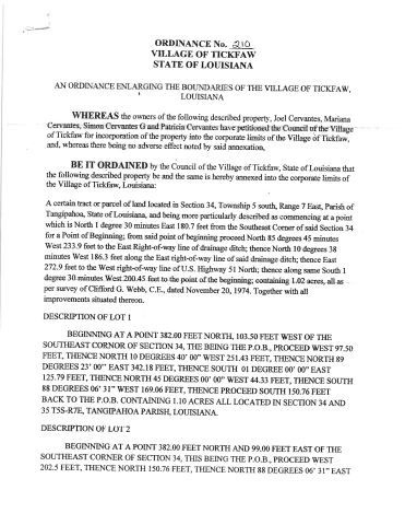 Ordinance 210 Village of Tickfaw, La. pg.1