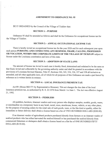 Tickfaw Ordinance 95 pg1