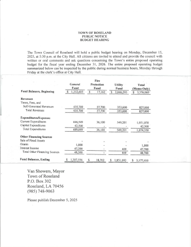 Town of Roseland Budget Hearing