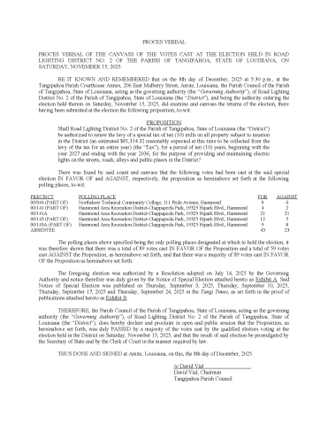 Proces Verbal - Tangipahoa RLD No. 2 2025 Election Pg 1