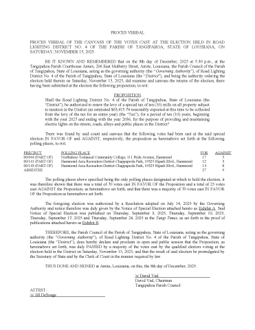 Proces Verbal - Tangipahoa RLD No. 4 2025 Election Pg1