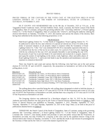Proces Verbal - Tangipahoa RLD No. 7 2025 Election Pg1