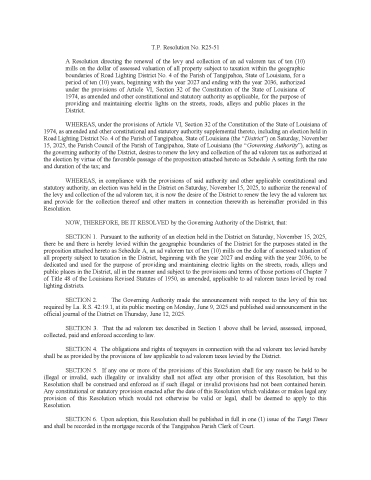 Resolution Levying the Tax - Tangipahoa RLD No. 4 2025 Election Pg1