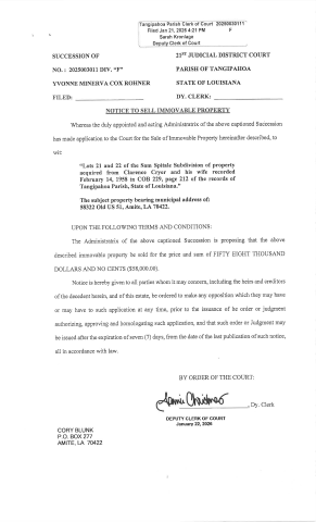 Yvonne Minerva Cox Rohner- Succession Notice