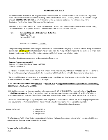 Bids for HHS Track Restoration