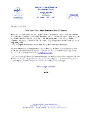 Early Voting dates for June 27, 2026