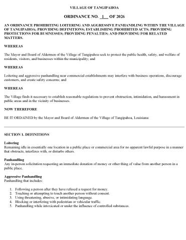 Village of Tangipahoa Ord. #1 - 2026 pg1