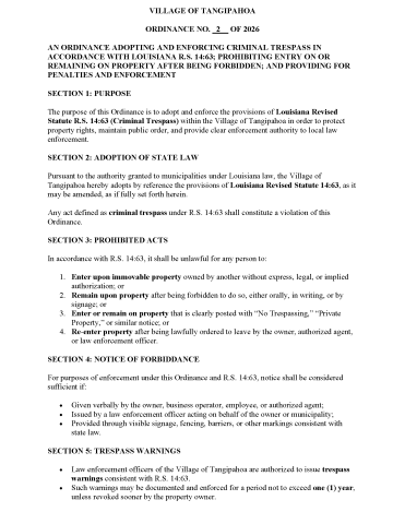 Village of Tangipahoa Ord. #2 - 2026 pg1