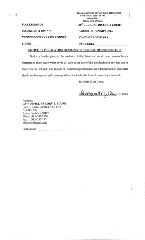 Yvonne Minerva Cox Rohner- Succession Notice