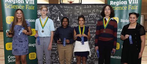 Winners at the 2025 Region 8 Science Fair held at Southeastern Louisiana University Feb. 7 included, from left, Emma O’Rourke of Our Lady of Lourdes; Judah Fastring of Northlake Christian School; Landon Mack of Courtney Christian School; Dylan Mankinen of Northshore Preparatory Academy; Adam Lorenzen, homeschool; and Emily Cuccia of Northlake Christian School. (Courtesy Photo)