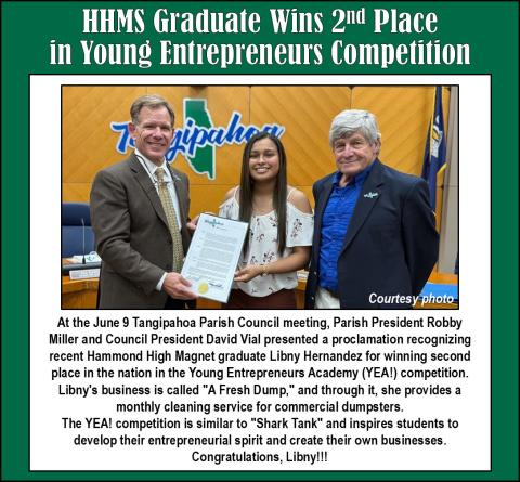 HHMS Graduate Wins 2nd Place in Young Entrepeneurs Competition