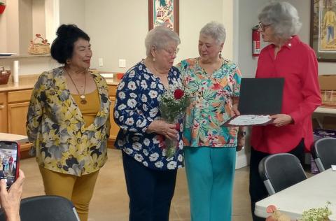 Ellen Pusey receives Circle of Roses honor from the Louisiana Garden Club Federation Inc. Shown are District VI Director, Vicky Fannaly, Honoree Ellen Pusey, Gardenettes President Susan Pizani, and LGCF Circle of Roses Chairman Kathy Bedenbaugh.