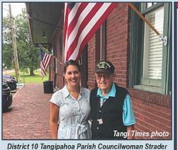 District 10 Tangipahoa Parish Councilwoman Strader Cieutat, left, poses with the grand marshal of the upcoming Ponchatoula Celebrates Veterans parade, WWII veteran George Van Zandt, right.