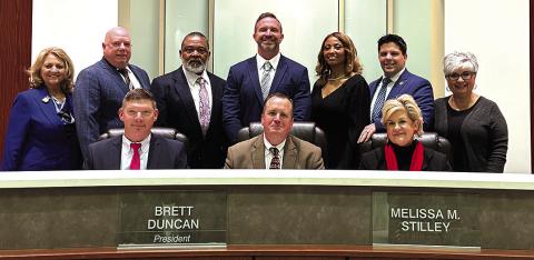 The 2024 Tangipahoa Parish School Board poses for their annual photo. Shown are (front row) Vice President Tom Tolar, President Brett Duncan, and Superintendent Melissa Stilley; (back row) Rose Dominguez, Glenn Westmoreland, Jerry Moore, Trent Anthony, Janice Richards, Joey Piazza, and Robin Abrams. (Courtesy Photo)