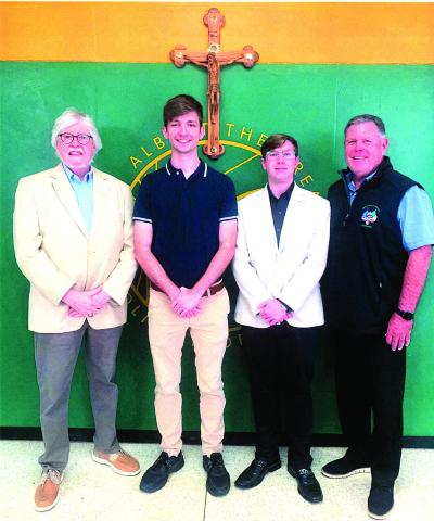 AOH Scholarship Funds Awarded to SELU Students Pictured from left to right: (retired) Professor Martin Kearney, PhD, President of AOH of West Florida; Blake LeBlanc, an SELU graduate student in history; Quinn Champagne, an SELU sophomore majoring in political science; and Mr. Randy King, Vice President of the LA state chapter of the AOH and a board member of AOH of West Florida. (Courtesy Photo)