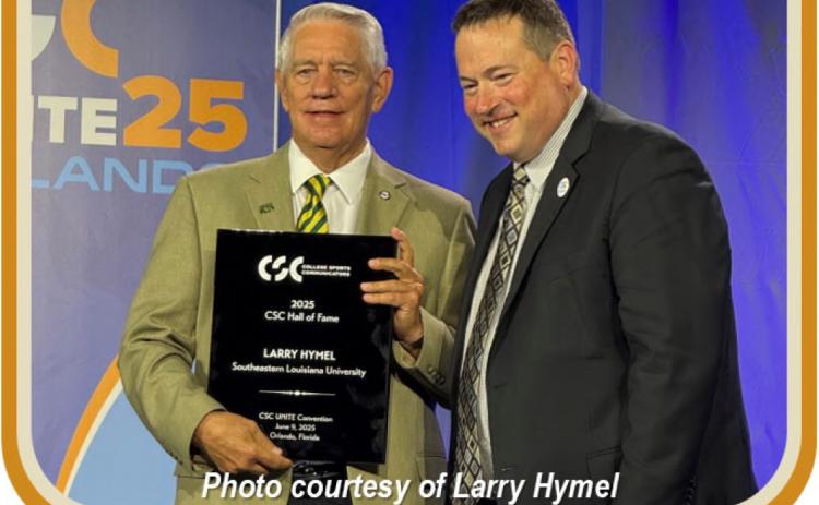 Above, CSC president Kevin Trainor, right, presents Hall of Fame plaque to Larry Hymel, left.