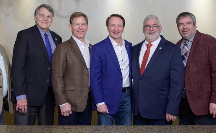 PJAL Executive Board members join Louisiana Governor Jeff Landry ay the 101st Annual PJAL Convention in Baton Rouge. Pictured from Left to Right: Bryan Vidrine from Evangeline Parish, Doug Rimmer from Bossier Parish, Robby Miller from Tangipahoa Parish, Governor Jeff Landry, President Craig Smith from Rapides Parish, Kenny Haymon from Vernon Parish, and PJAL Executive Director Guy Cormier from St. Martin Parish.