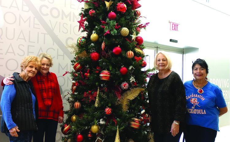Gardenettes met at North Oaks Medical Center to decorate the main hospital entrance and emergency room lobby. The garden club decorates two trees each holiday season and has participated in this annual event for many holidays. Decking the halls at North Oaks Hospital main lobby and Emergency Room lobby are Gardenettes, Marilyn Wright, Jamie Leblanc, Kathy Bruce and Vicky Fannaly. (Courtesy Photo)
