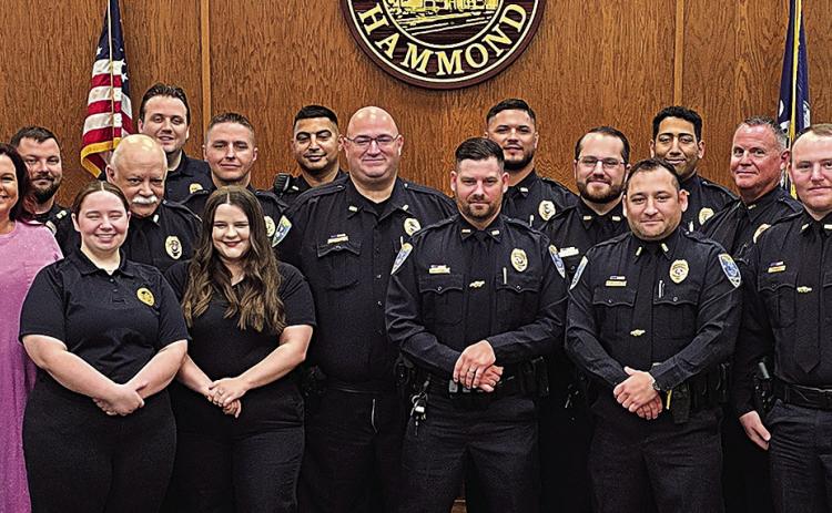 Chief Edwin Bergeron, Jr. (left) and members of his administration stand with fifteen newly sworn-in Hammond Police Officers (Tangi Times Photo)