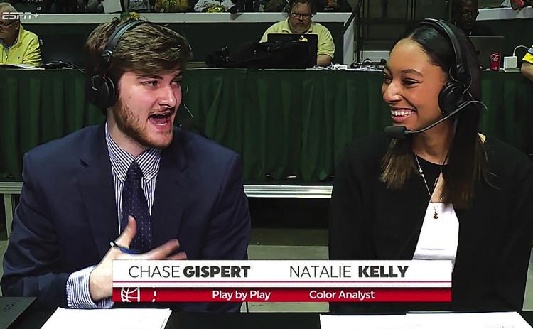 Students at Southeastern Louisiana University recently won a Student Production Emmy Award from the National Academy of Television Arts and Sciences Suncoast Chapter. The award recognized the live ESPN+ presentation of the Southeastern vs. LSU Women’s Basketball game on Nov. 17. Chase Gispert, left, served as the play-by-play announcer, while Natalie Kelly, right, was the color analyst for the game.